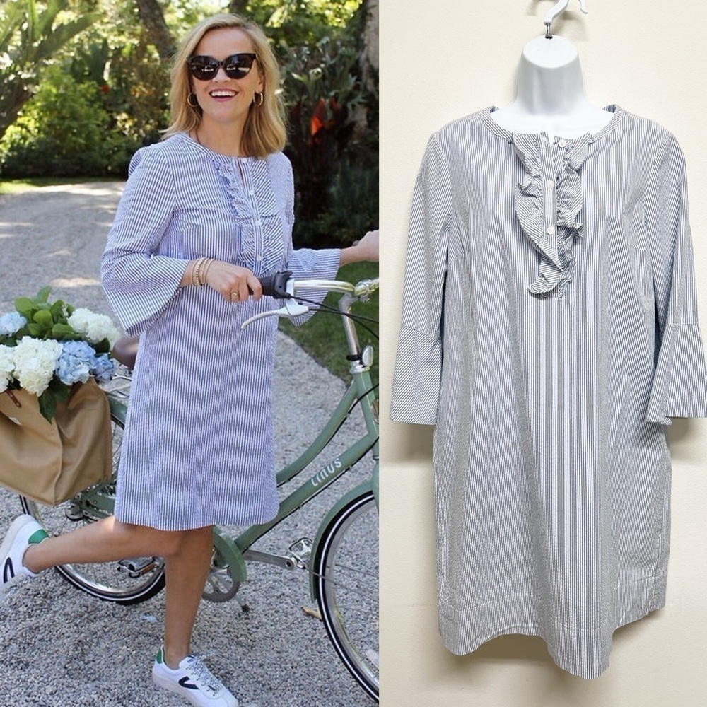 Draper James Womens Blue White Seersucker Ruffle Sleeve Collar Shift Dress - Picture 8 of 8